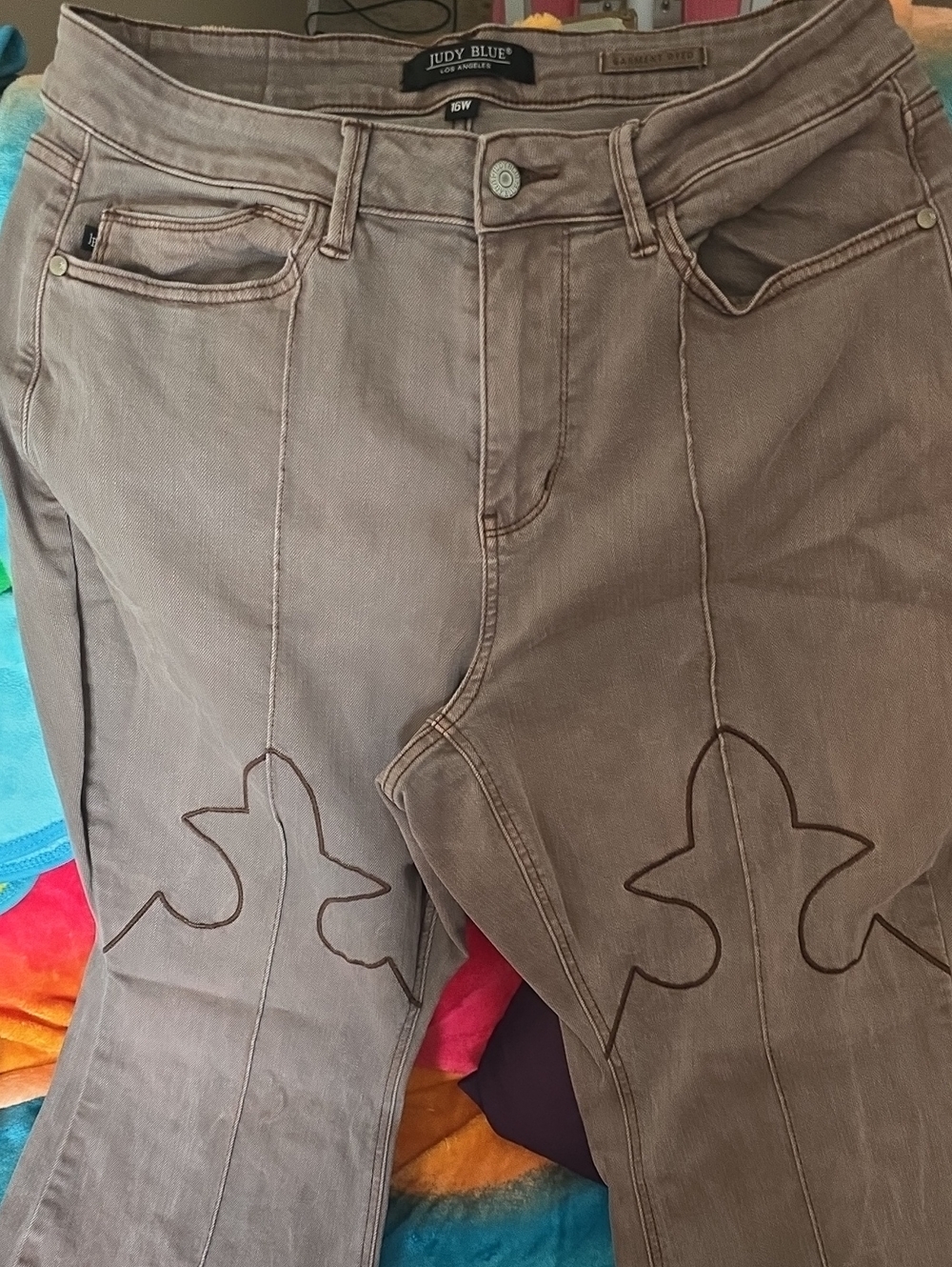 Judy Blue Taupe Boot Cut Jeans with Embroidered Accents